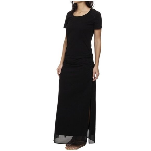 🔥Tommy Bahama Knit & Chiffon Short Sleeve Black Maxi Ruched Slit Dress - Picture 1 of 12